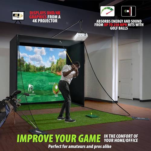 Complete Golf Simulator Enclosure Package - 4K - Ready Impact Screen with Blackout Cage, Projector Mount, Frame Poles, Side Shank Nets Indoor Garage Practice Easy Setup 12 - Month Warranty