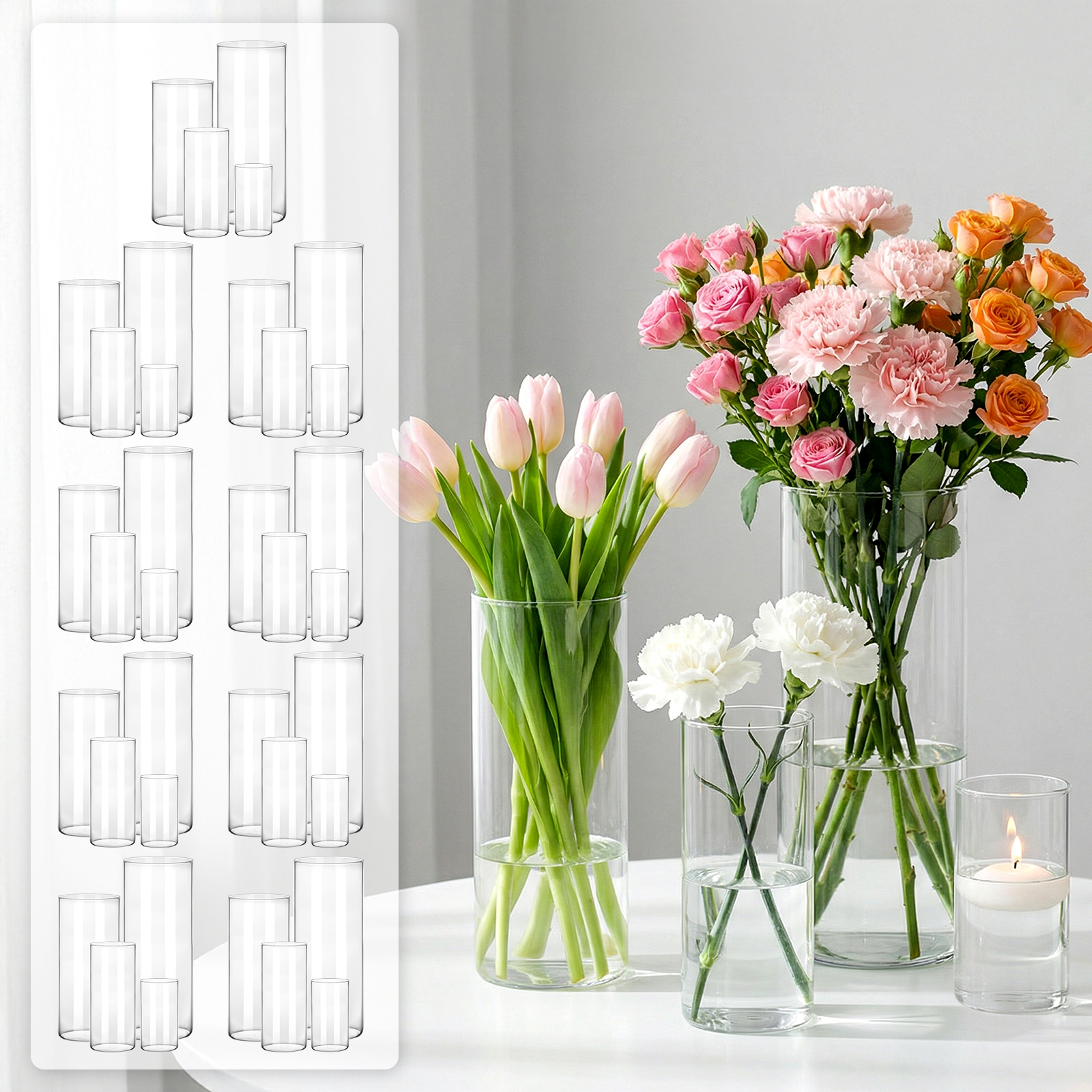 TEMU Whonline 36pcs Glass Cylinder Vases For Centerpieces, 4 6 8 10 Inch Tall, Clear Flower Vases For Wedding Decorations And Indoor Home Decor,