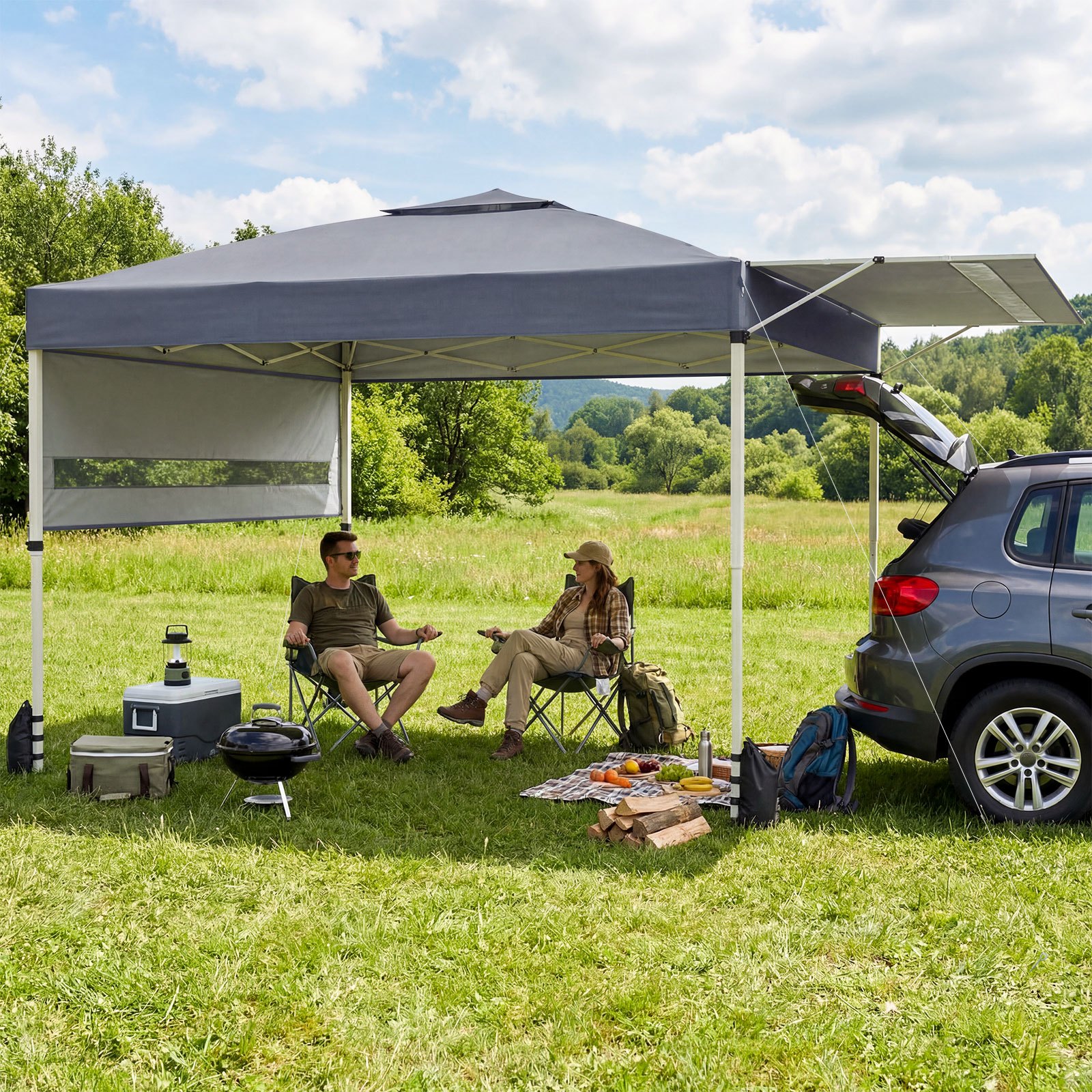   10x17 ft   up canopy tent with dual adjustable awnings 1 person 1 button setup instant portable outdoor beach commercial shelter silver coated fabric wheeled bag 4 sandbags 8 stakes 4 ropes