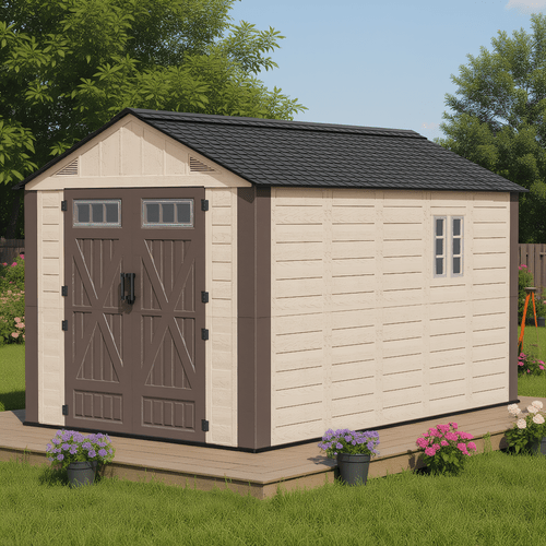 8x10/8x12FT Outdoor Resin Storage Shed, Plastic Shed with Floor, Door,Window &Vents, Extra Thick Outdoor Resin Shed for Patio, Backyard, Beige
