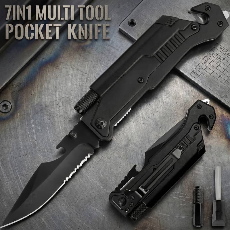8 5 outdoor camping pocket knife 7 in 1 multi function folding knives with fire starter led light seatbelt cutter glass breaker bottle opener blade