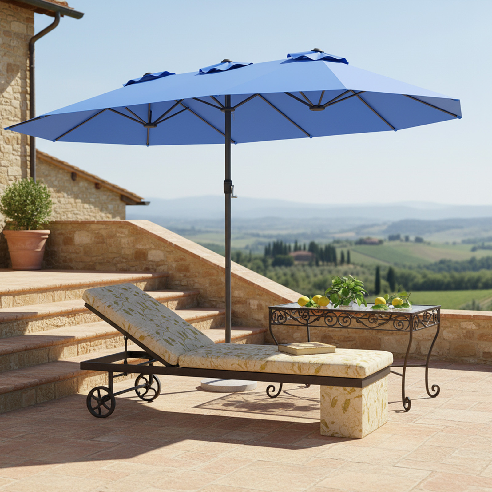   15 ft large patio umbrella outdoor double sided table market umbrella w crank handle 12 heavy duty ribs sun protective rectangular twin parasol for garden deck lawn poolside backyard