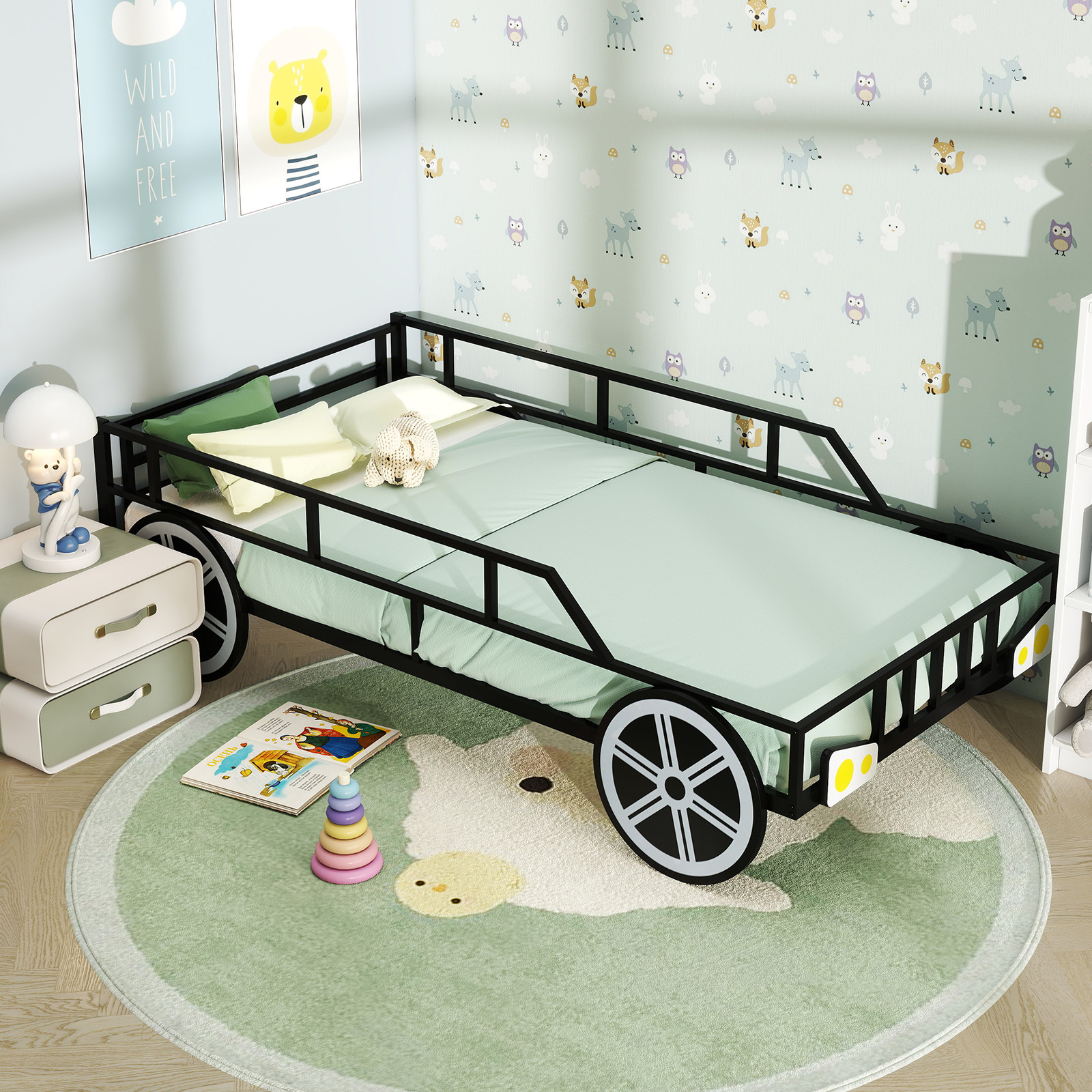 COSTWAY Twin Bed Frame for Kids, Race Car Themed Toddler Platform Bed with Metal Frame, Heavy-duty Slats, Safety Guardrails for Boys, Girls, No Box Spring Needed, Mattress Base w/ Wheel & Headlight Accents