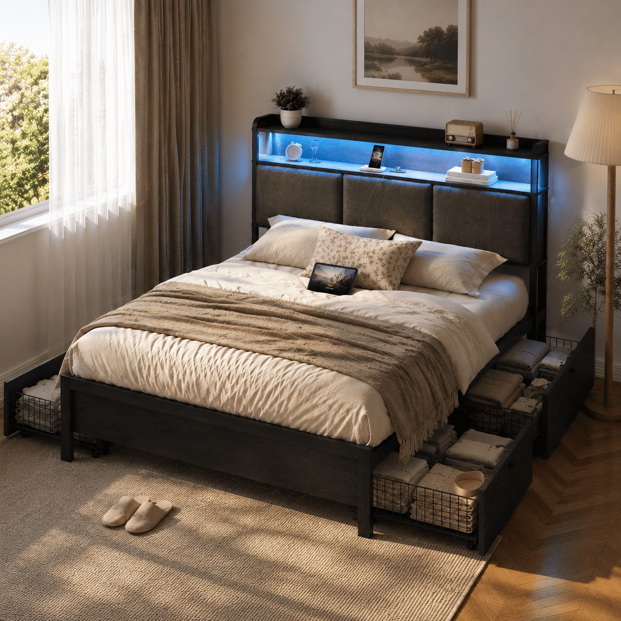   Bed with Headboard and Power Outlets, Upholstered bed with 4 Drawers and RGB LED Lights, Heavy Duty Metal Slats, Noise-Free,   Spring, Easy Assembly