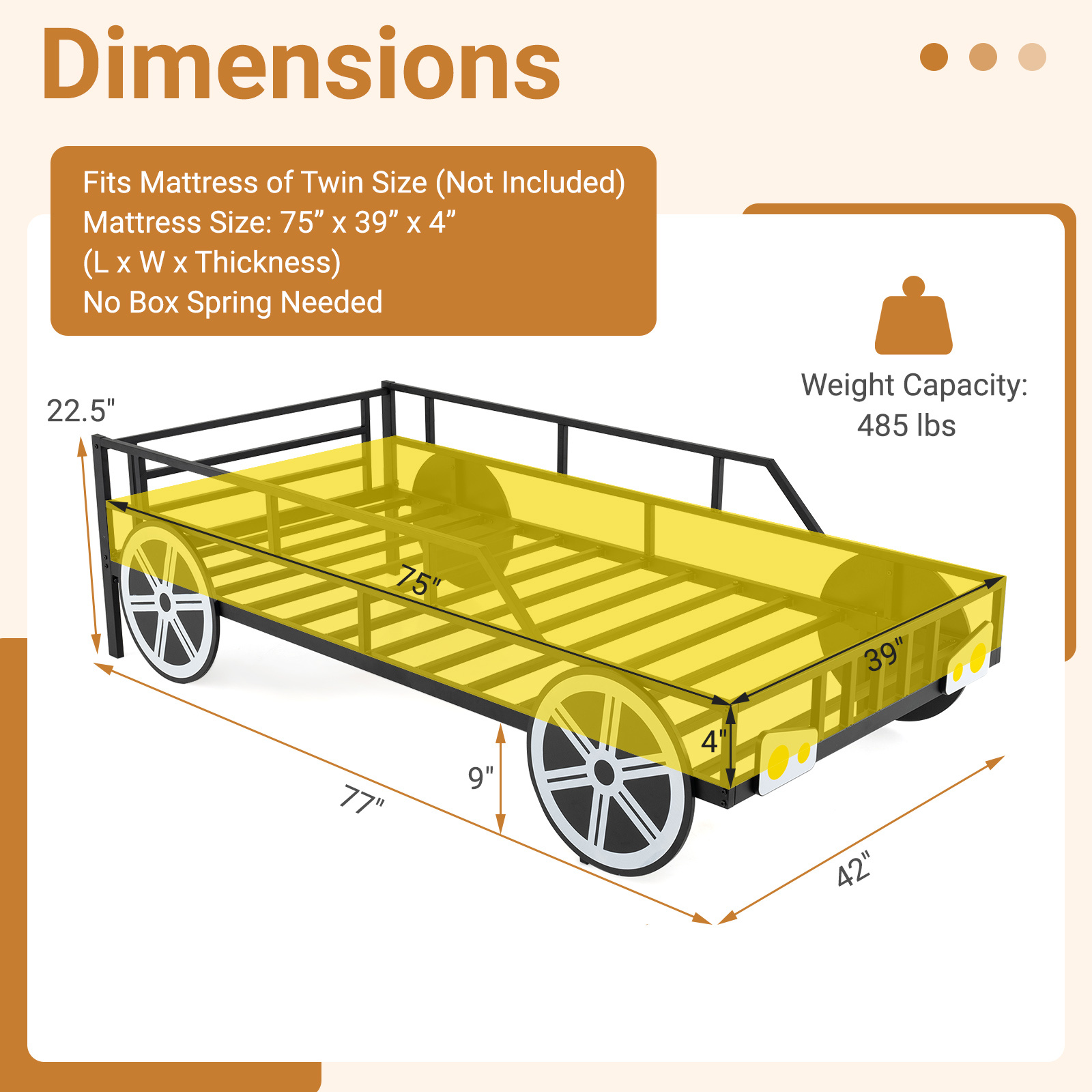 COSTWAY Twin Bed Frame for Kids, Race Car Themed Toddler Platform Bed with Metal Frame, Heavy-duty Slats, Safety Guardrails for Boys, Girls, No Box Spring Needed, Mattress Base w/ Wheel & Headlight Accents