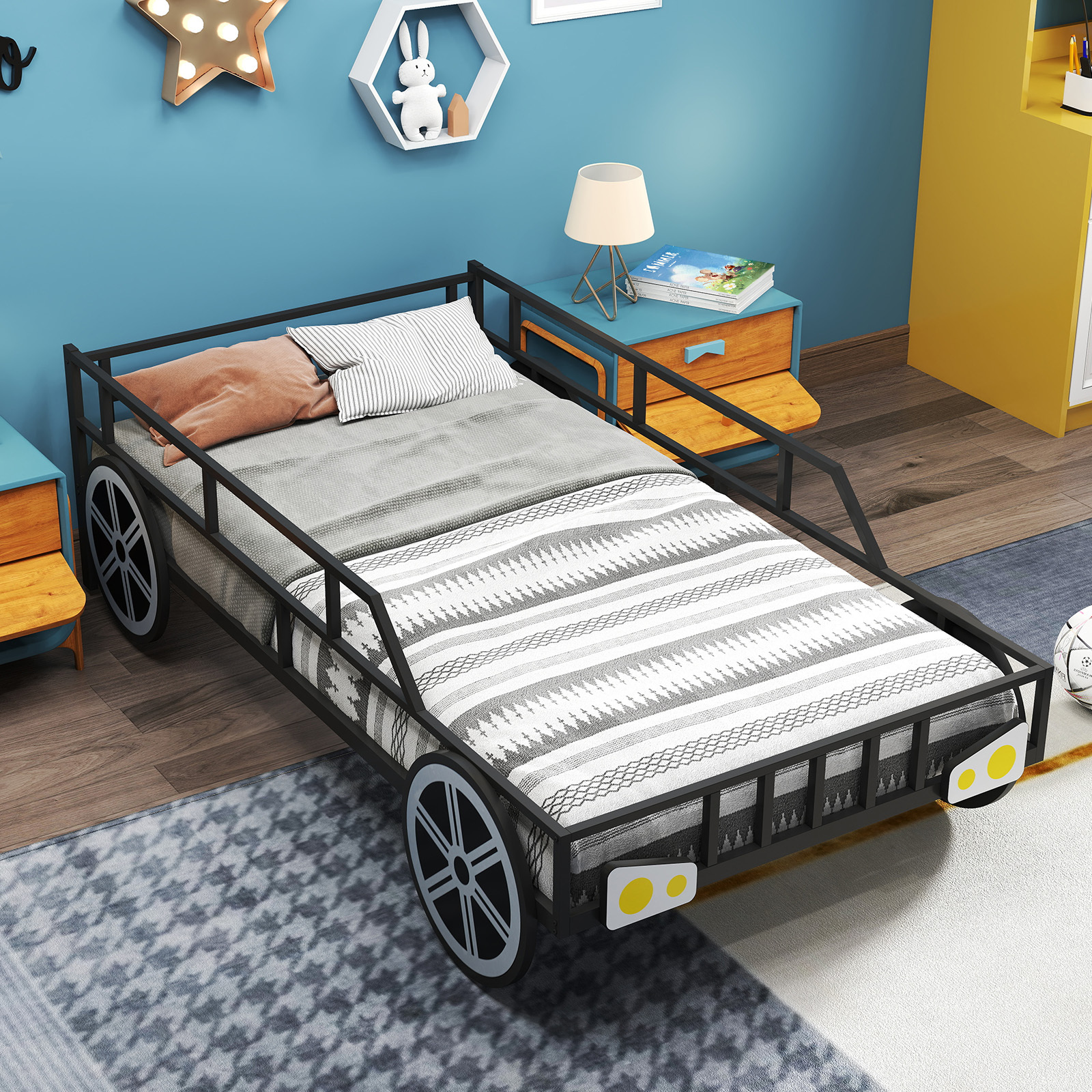 COSTWAY Twin Bed Frame for Kids, Race Car Themed Toddler Platform Bed with Metal Frame, Heavy-duty Slats, Safety Guardrails for Boys, Girls, No Box Spring Needed, Mattress Base w/ Wheel & Headlight Accents