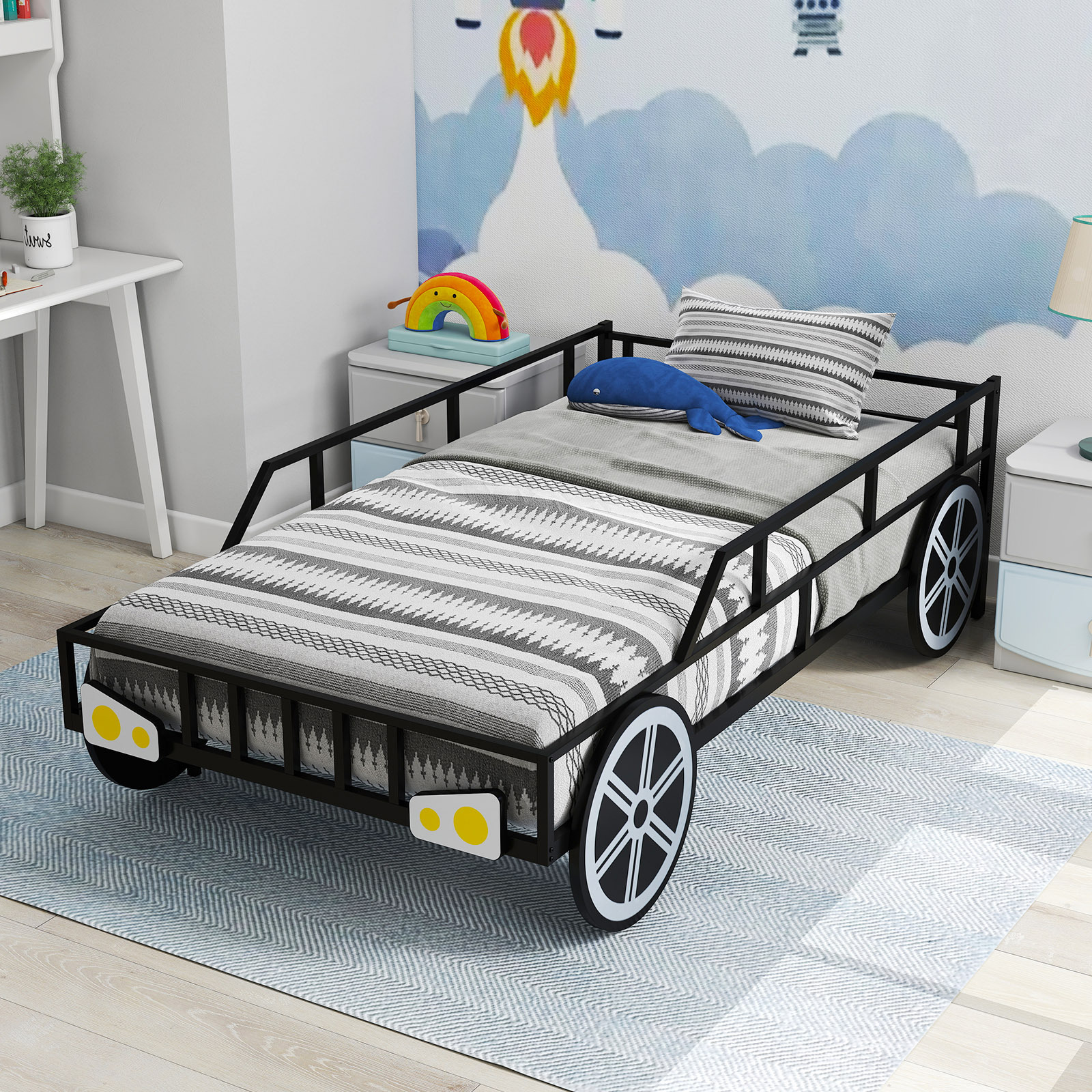 COSTWAY Twin Bed Frame for Kids, Race Car Themed Toddler Platform Bed with Metal Frame, Heavy-duty Slats, Safety Guardrails for Boys, Girls, No Box Spring Needed, Mattress Base w/ Wheel & Headlight Accents