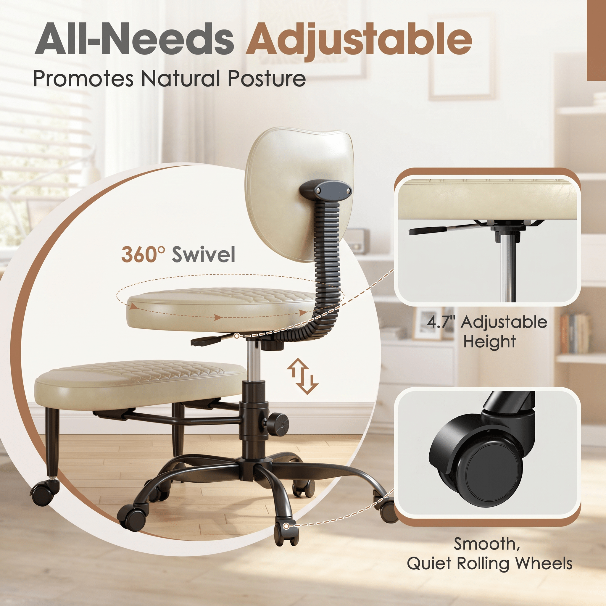 Cross Legged Office Chair with Wheels, Adjustable Height Ergonomic Kneeling Desk Chairs, Meditation Chair With 360°Rotating Footrest, Lumbar Support, for Meditation Yoga, Home Office