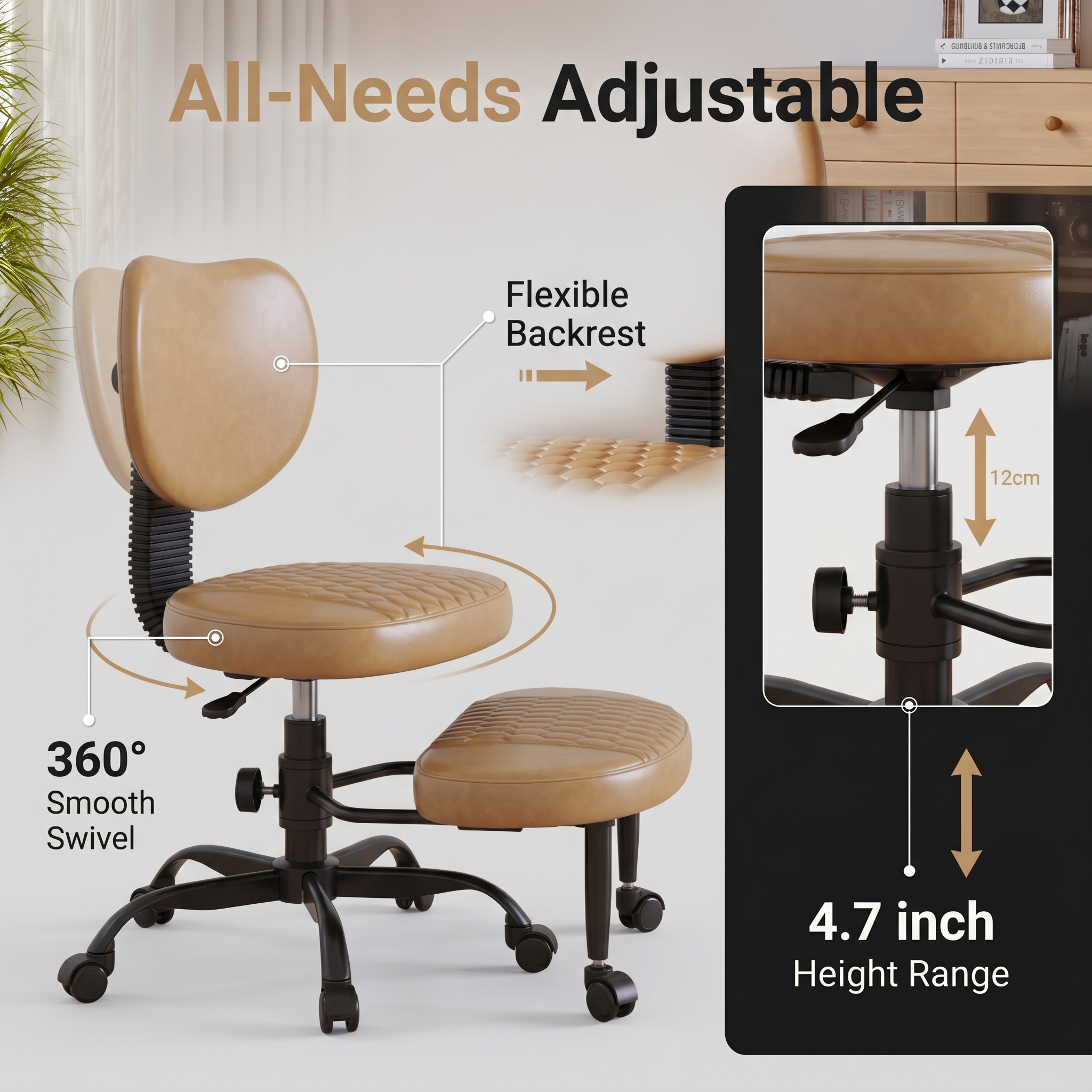 Cross Legged Office Chair with Wheels, Adjustable Height Ergonomic Kneeling Desk Chairs, Meditation Chair With 360°Rotating Footrest, Lumbar Support, for Meditation Yoga, Home Office