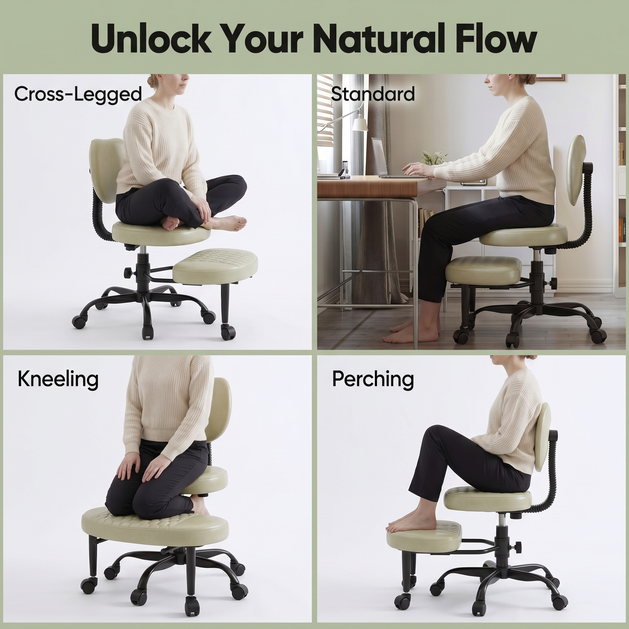 Cross Legged Office Chair with Wheels, Adjustable Height Ergonomic Kneeling Desk Chairs, Meditation Chair With 360°Rotating Footrest, Lumbar Support, for Meditation Yoga, Home Office