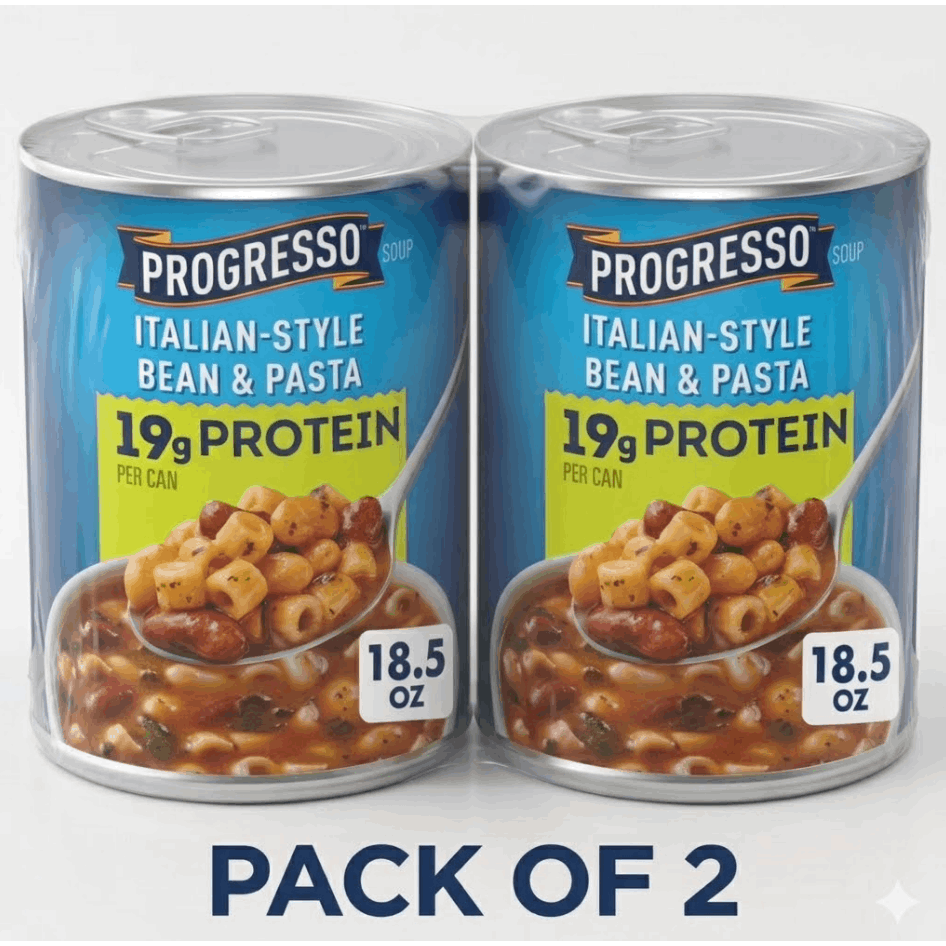Pack of 2 Progresso Italian-Style Bean and Pasta Protein Soup is a hearty vegetarian soup made with beans, pasta, and flavorful Italian-style seasoning in an 18.5 oz can.