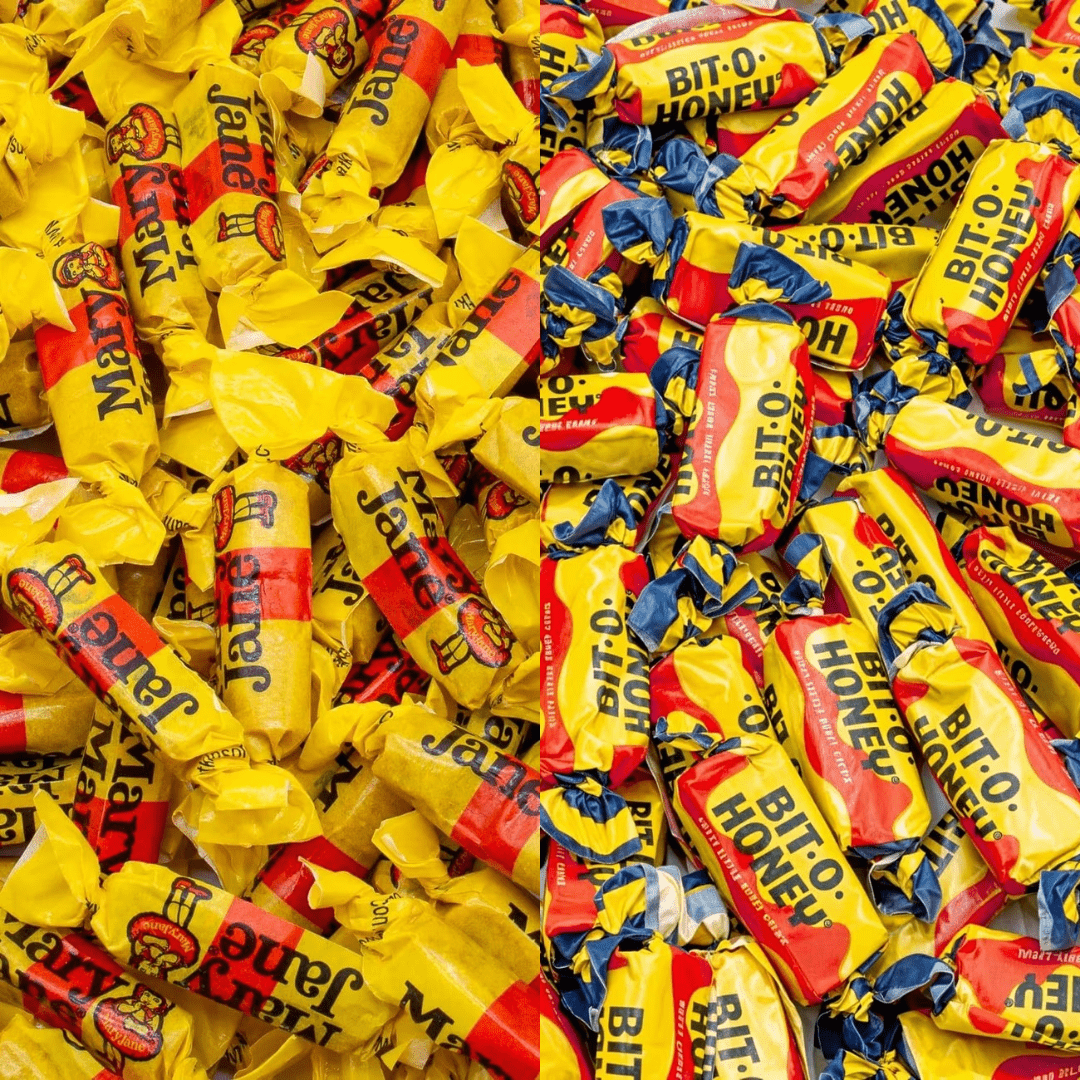 Bit-o-honey & Mary Jane Mix 1lb Retro Chewy Taffy Bulk Honey Almond Arašidové Maslo Nostalgia 50% Každé opätovne uzatvárateľné vrecko