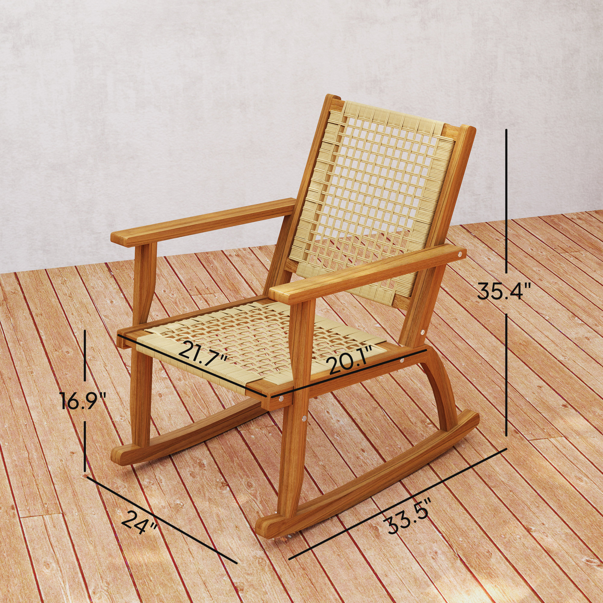 Outsunny Outdoor Rocking Chair Set of 2, Acacia Wood Outdoor Rockers with Armrests, Rattan Wicker Back and Seat, Patio Wooden Rocking Chair Set for Garden, Balcony, Porch, Khaki