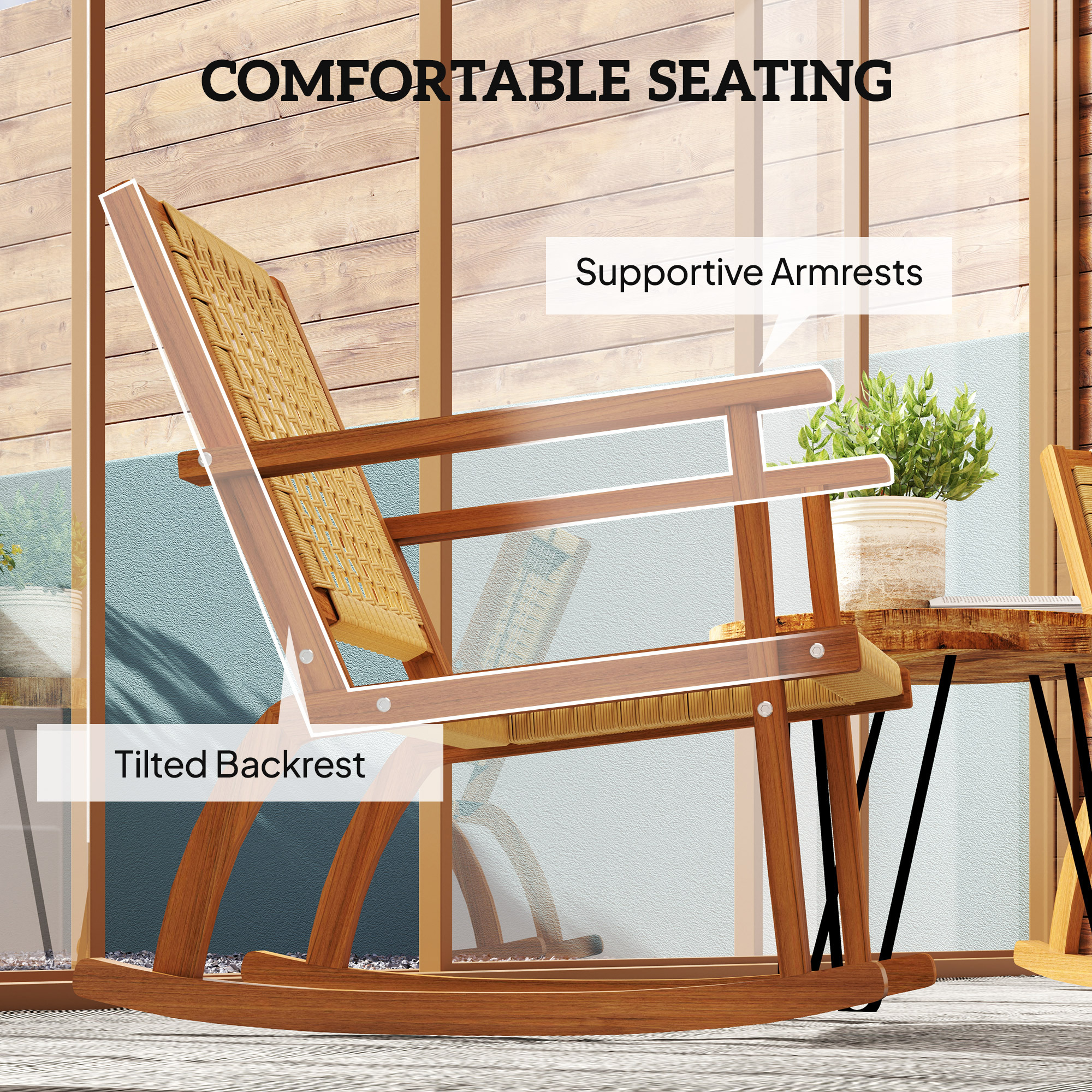Outsunny Outdoor Rocking Chair Set of 2, Acacia Wood Outdoor Rockers with Armrests, Rattan Wicker Back and Seat, Patio Wooden Rocking Chair Set for Garden, Balcony, Porch, Khaki
