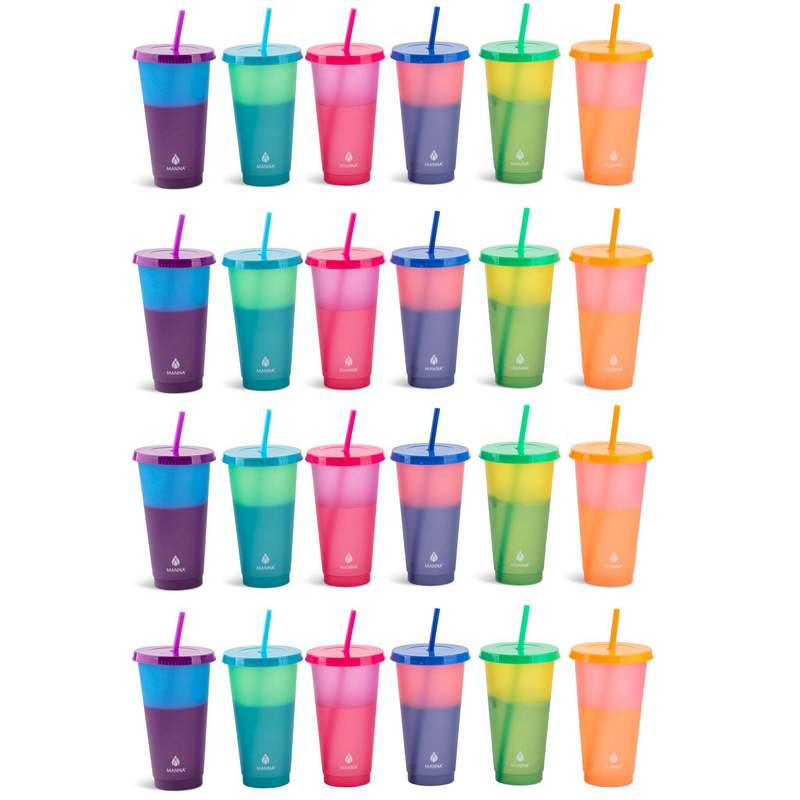 24 piece   changing cups add   drink to see the color change great for parties events or everyday use easy to personalize at home and stack   for sto ge designed for repeated use with splash resistant lids and a size that fits most cup holders