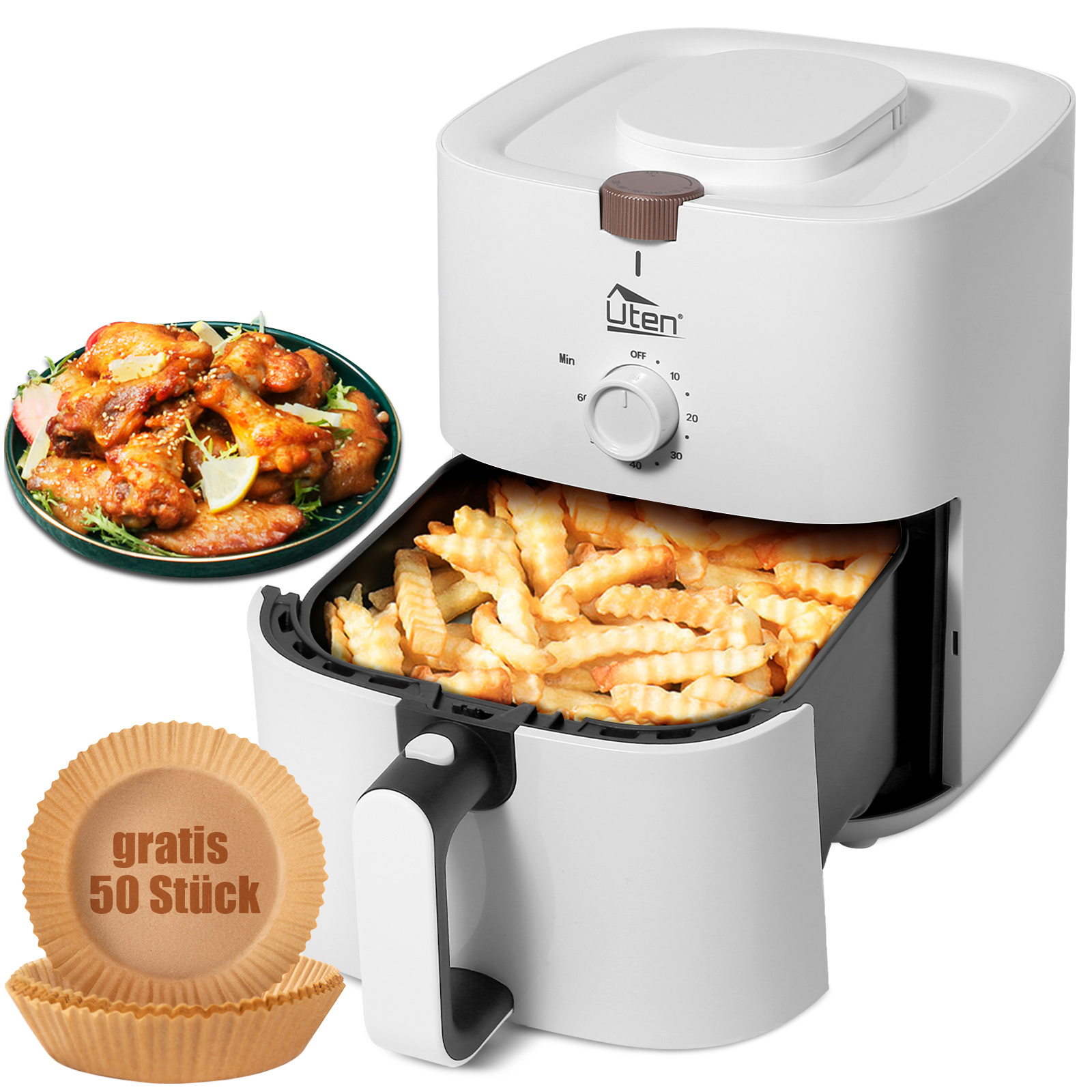 4L White Air Fryer with Adjustable Time & Temperature