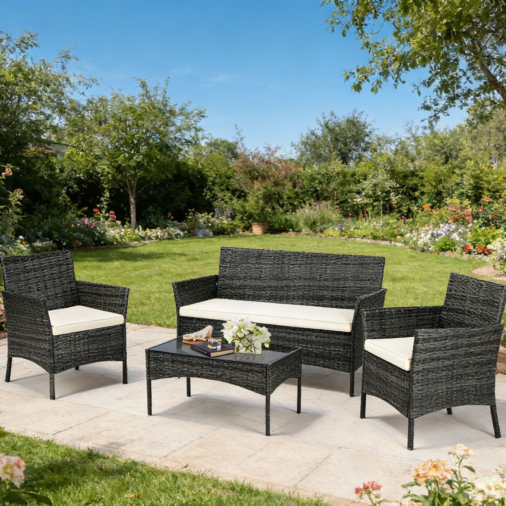 3 piece 4 piece patio conversation set outdoor wicker furniture with coffee table upgarded cushions with removable cover pe rattan seating for garden poolside porch balcony