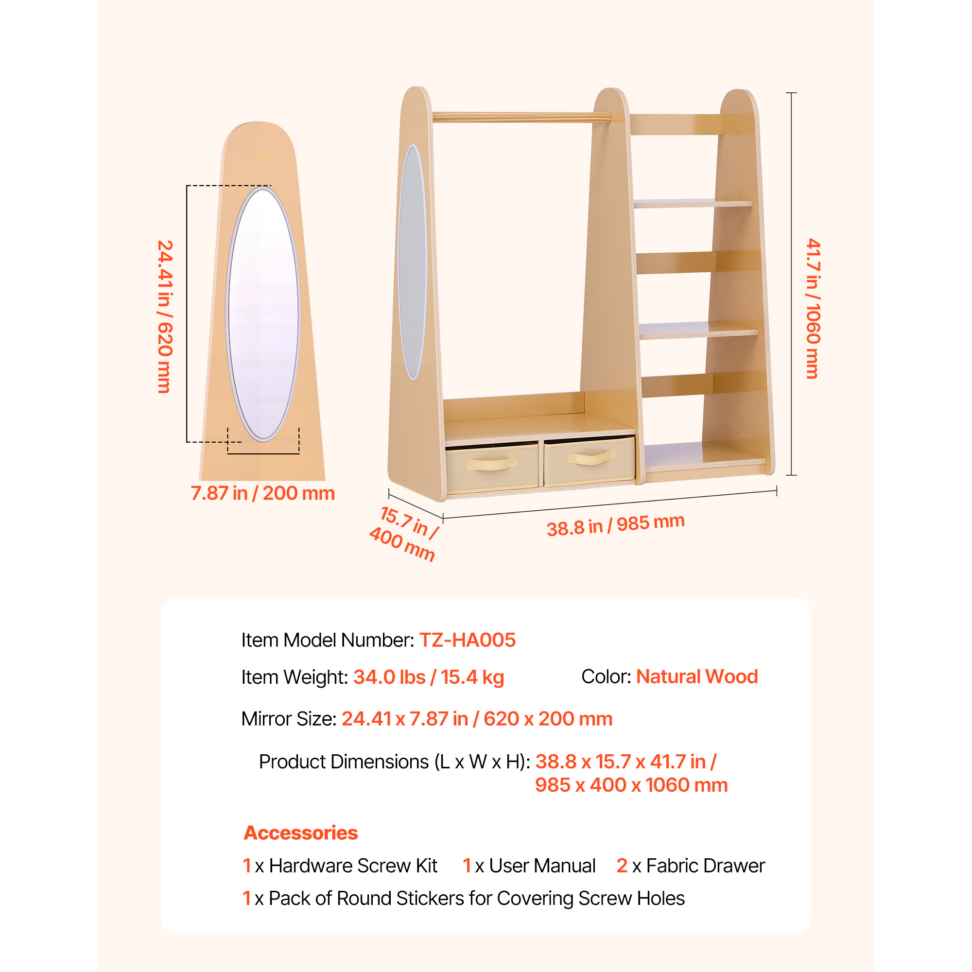 VEVOR Kids Dress Up Storage, with Mirror, Dress Up Closet, Toddler Wardrobe Closet for Little Girls, Armoire with Shelves & Bottom Tray, Costume Organizer, Toddler Room Furniture, for Bedroom, Natural
