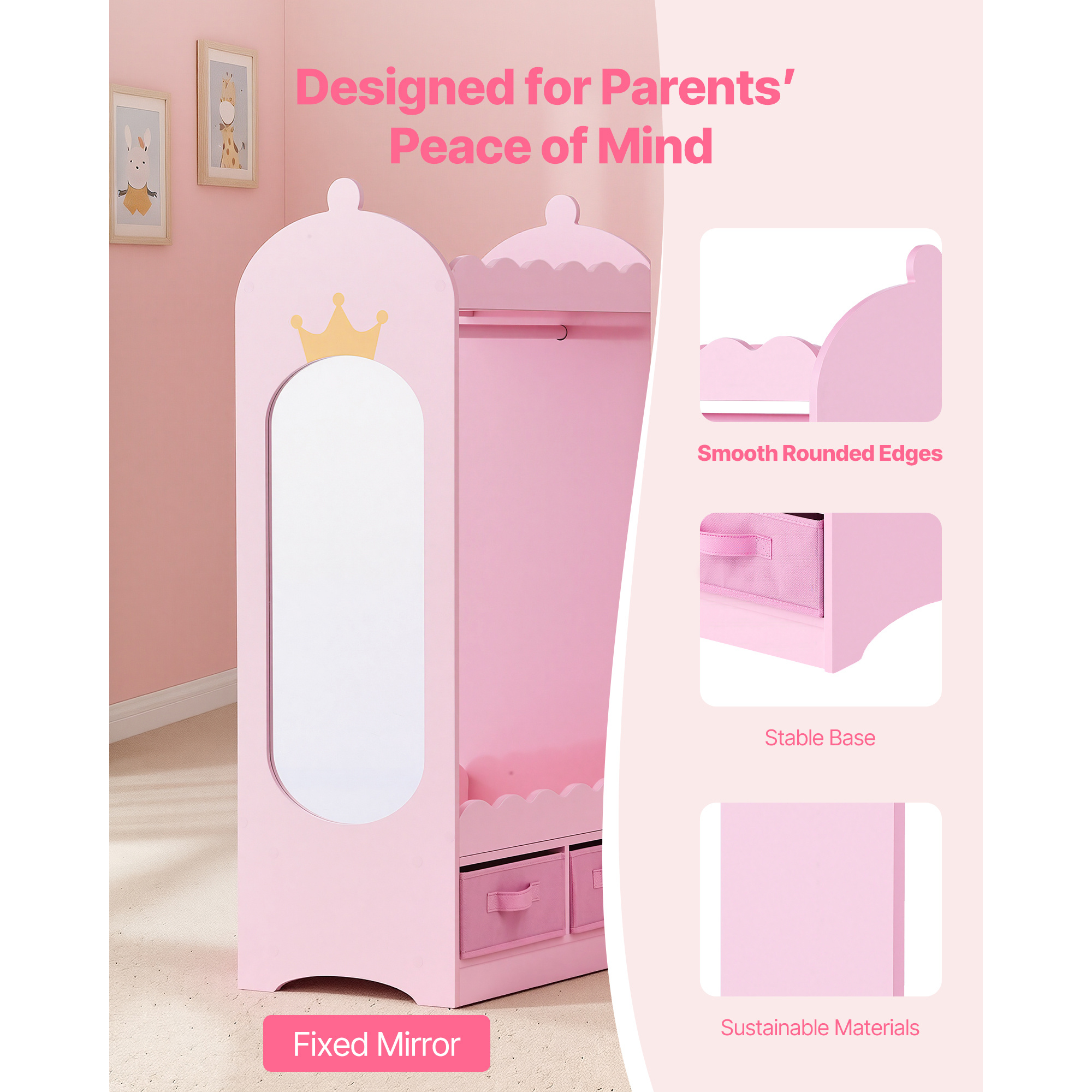 VEVOR Kids Dress Up Storage, with Mirror, Toddler Costume Wardrobe with Drawer, Dress Up Wardrobe Closet for Little Girls, Pretend Storage Dresser, Costume Organizer, for Bedroom, Kids Room, Pink