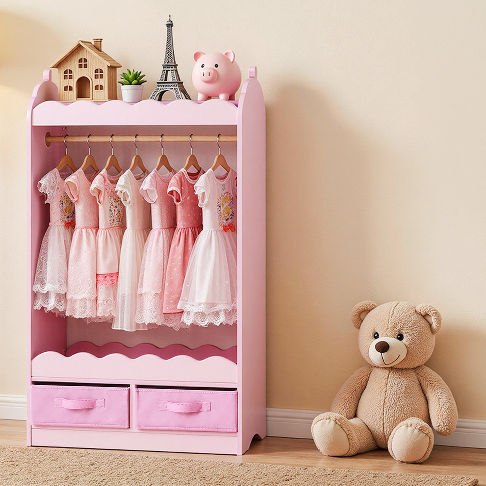 VEVOR Kids Dress Up Storage, with Mirror, Toddler Costume Wardrobe with Drawer, Dress Up Wardrobe Closet for Little Girls, Pretend Storage Dresser, Costume Organizer, for Bedroom, Kids Room, Pink