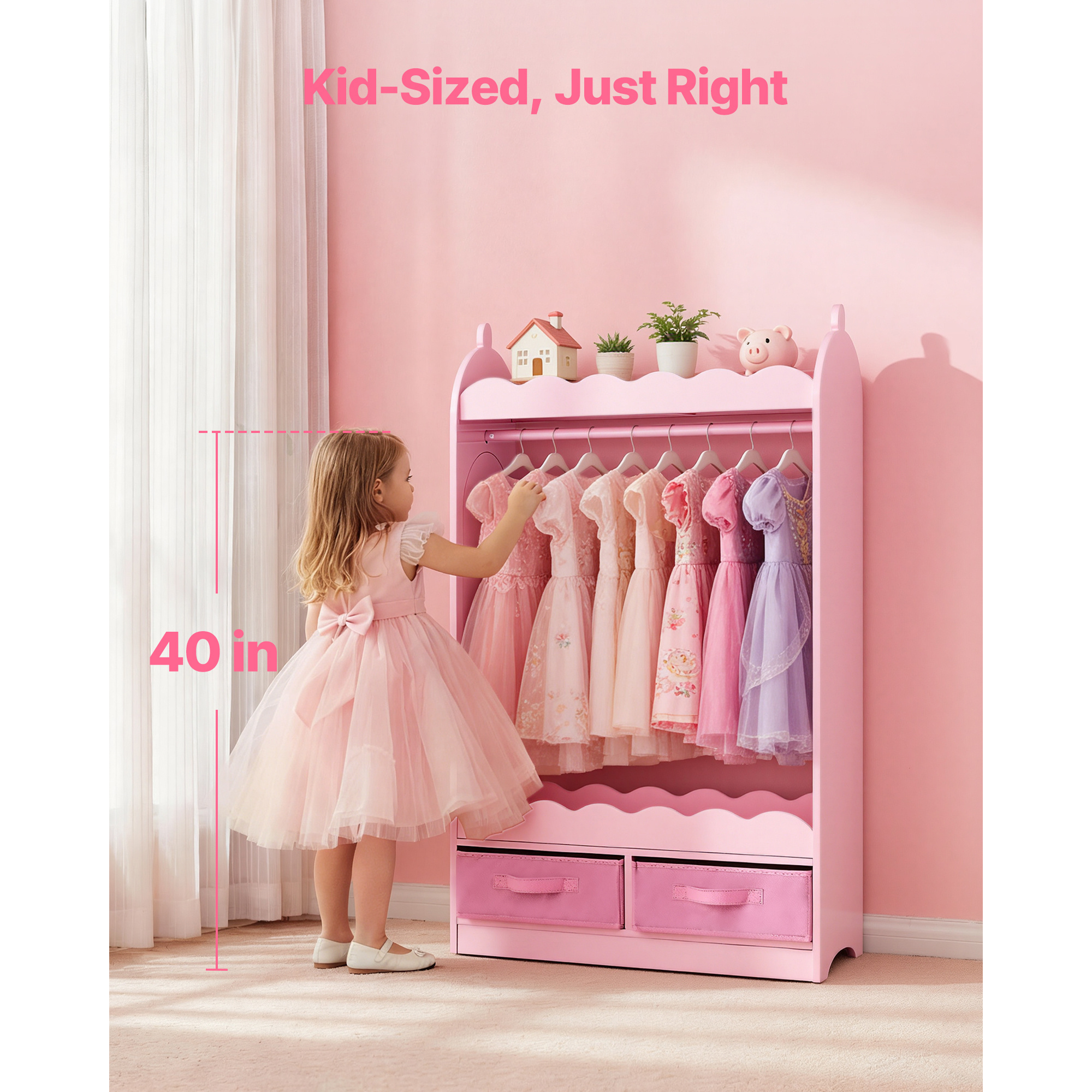 VEVOR Kids Dress Up Storage, with Mirror, Toddler Costume Wardrobe with Drawer, Dress Up Wardrobe Closet for Little Girls, Pretend Storage Dresser, Costume Organizer, for Bedroom, Kids Room, Pink