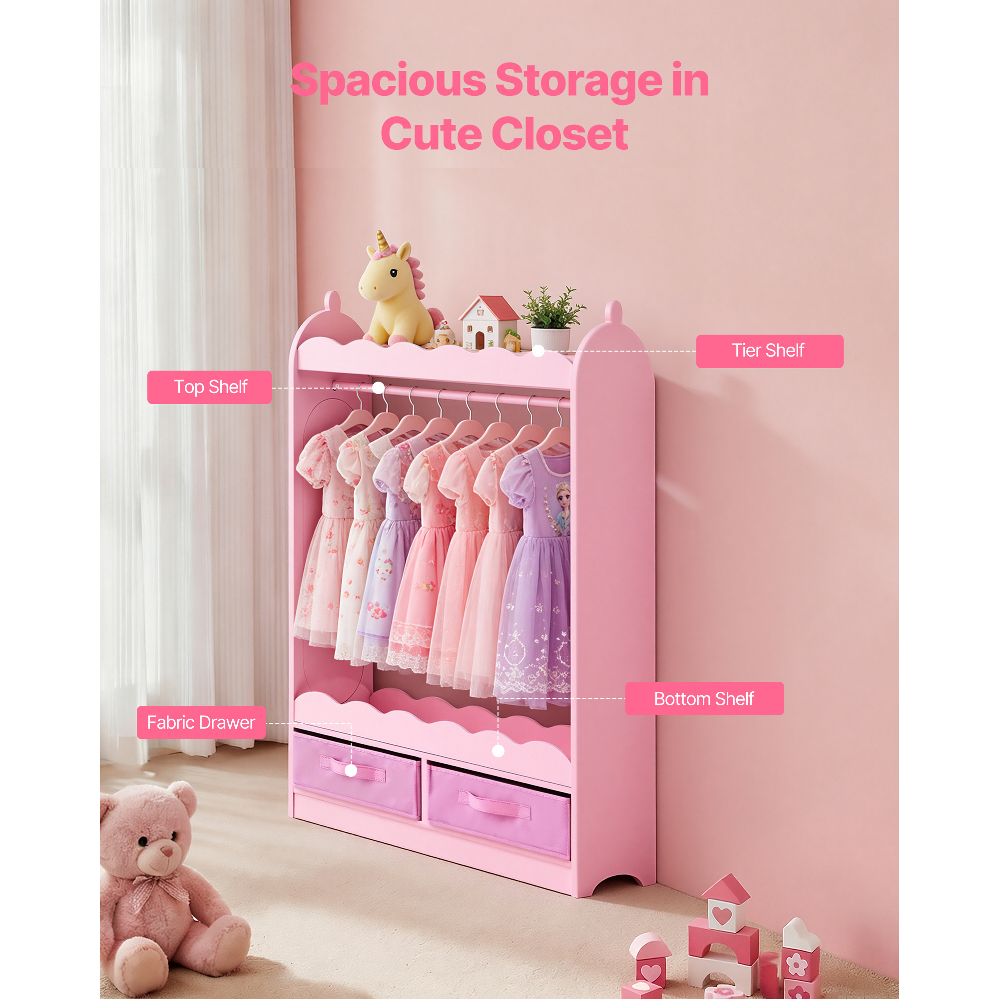 VEVOR Kids Dress Up Storage, with Mirror, Toddler Costume Wardrobe with Drawer, Dress Up Wardrobe Closet for Little Girls, Pretend Storage Dresser, Costume Organizer, for Bedroom, Kids Room, Pink