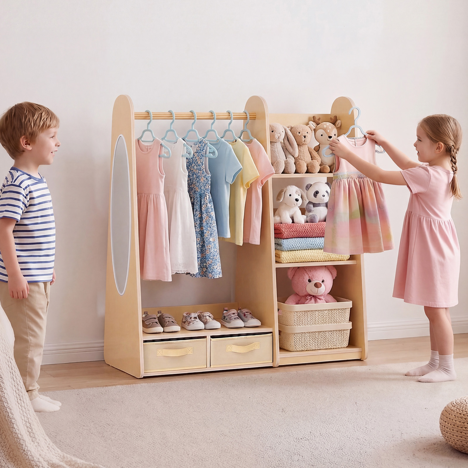VEVOR Kids Dress Up Storage, with Mirror, Dress Up Closet, Toddler Wardrobe Closet for Little Girls, Armoire with Shelves & Bottom Tray, Costume Organizer, Toddler Room Furniture, for Bedroom, Natural