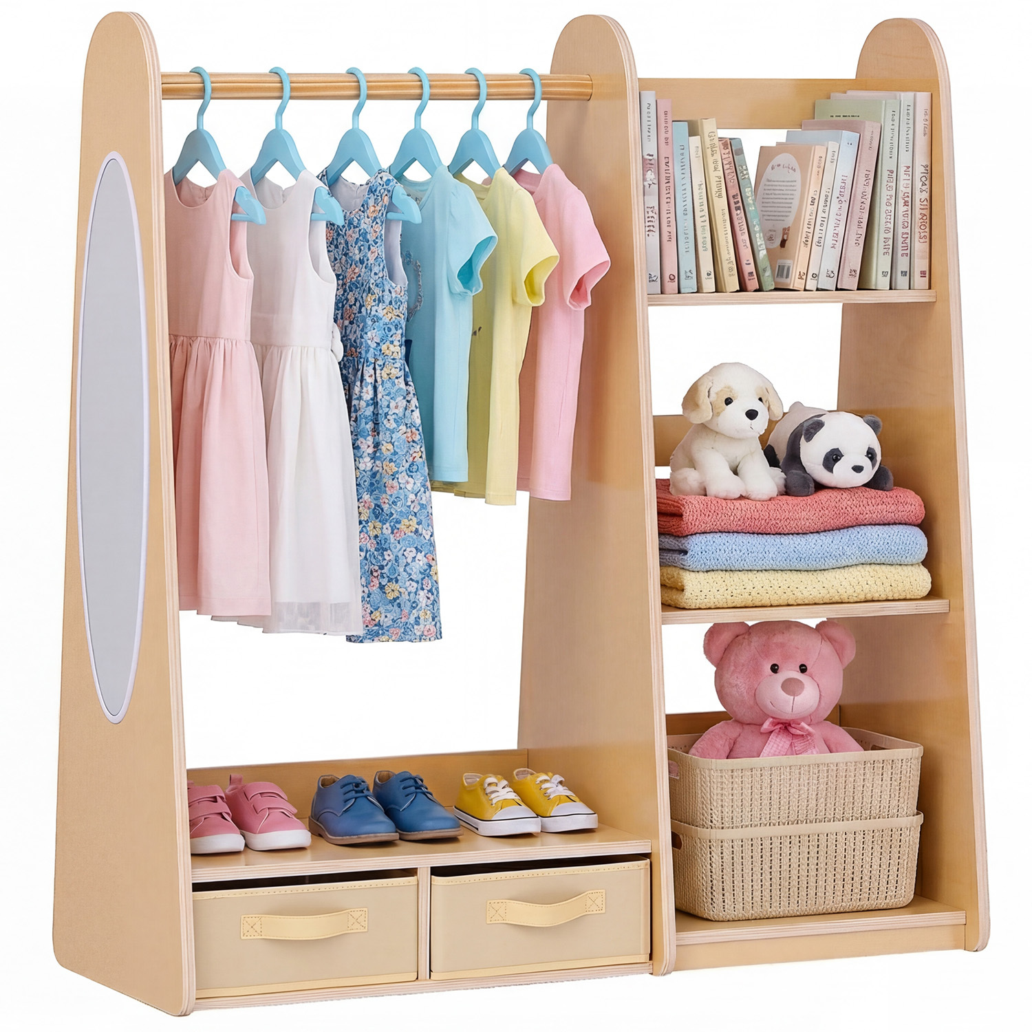 VEVOR Kids Dress Up Storage, with Mirror, Dress Up Closet, Toddler Wardrobe Closet for Little Girls, Armoire with Shelves & Bottom Tray, Costume Organizer, Toddler Room Furniture, for Bedroom, Natural