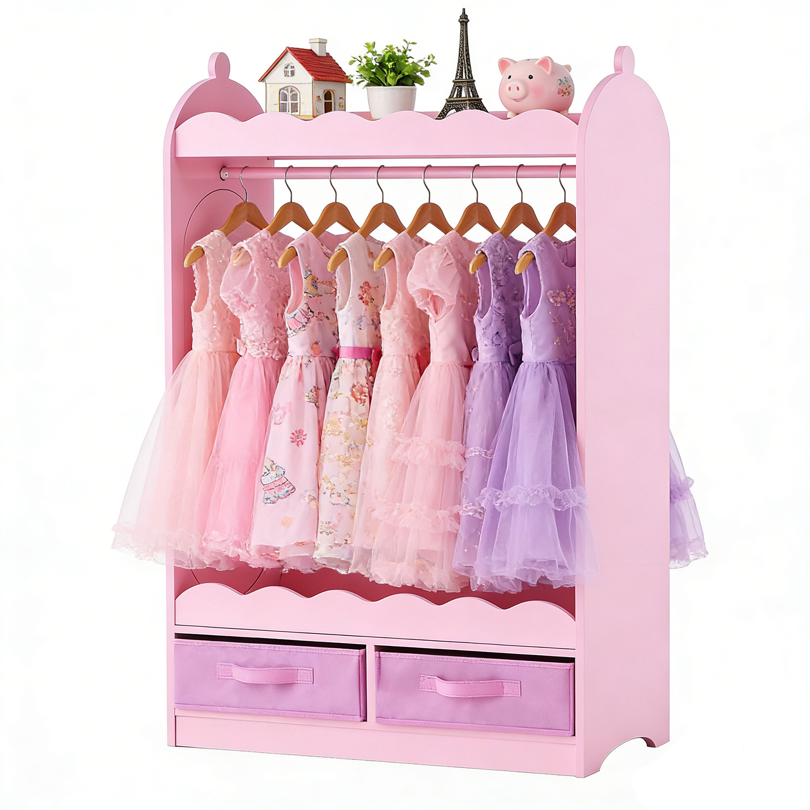VEVOR Kids Dress Up Storage, with Mirror, Toddler Costume Wardrobe with Drawer, Dress Up Wardrobe Closet for Little Girls, Pretend Storage Dresser, Costume Organizer, for Bedroom, Kids Room, Pink