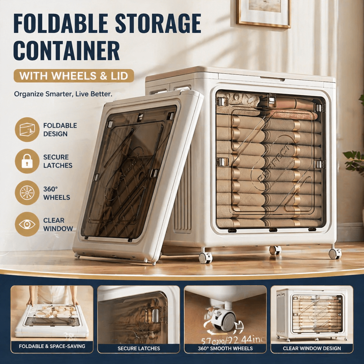TEMU Moisture Resistant Design, With Wheels, Foldable And Large Foldable Clothes Storage Box With Lid And Wheels Closet Organizer Container For Home,