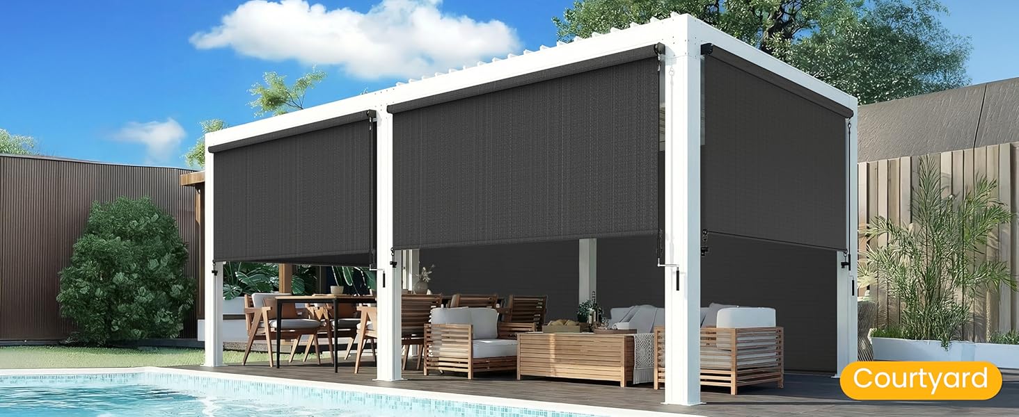 10'W X 8'H Outdoor Roller Shade, 95% UV Protection 420GSM New Material Sun Shades, Cordless Aluminum Outdoor Blinds with Crank Handle, Privacy Protection Patio Shade for Outdoor Patio