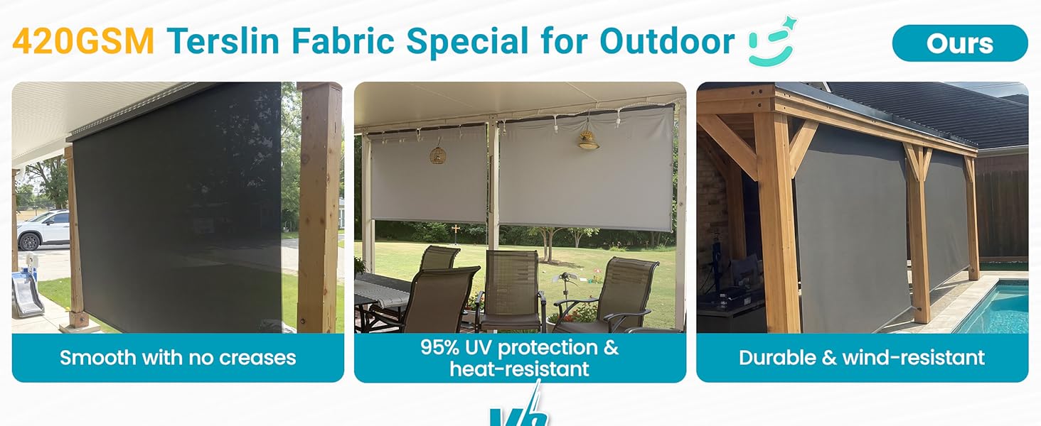 10'W X 8'H Outdoor Roller Shade, 95% UV Protection 420GSM New Material Sun Shades, Cordless Aluminum Outdoor Blinds with Crank Handle, Privacy Protection Patio Shade for Outdoor Patio
