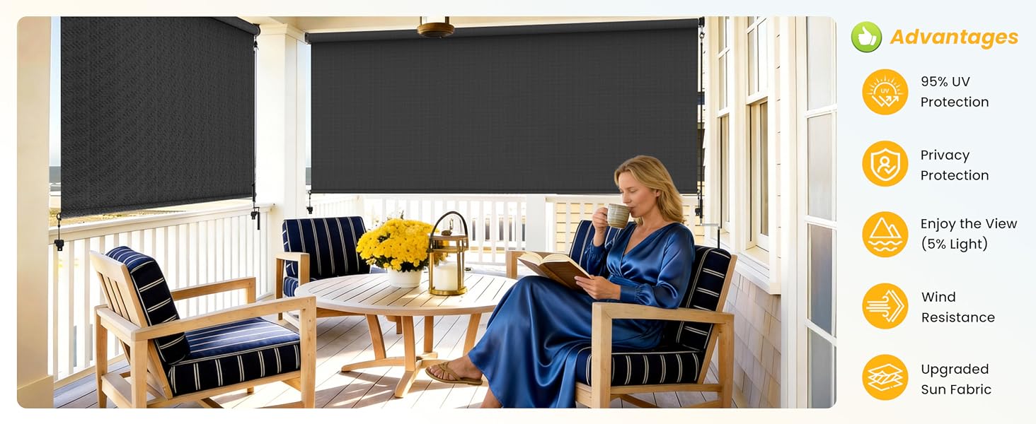 10'W X 8'H Outdoor Roller Shade, 95% UV Protection 420GSM New Material Sun Shades, Cordless Aluminum Outdoor Blinds with Crank Handle, Privacy Protection Patio Shade for Outdoor Patio