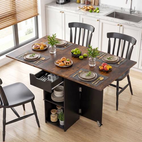 folding dining space saving kitchen table drop leaf with 2 open shelves drawer 2 lockable universal wheels modern extendable wooden kitchen console table for dining room