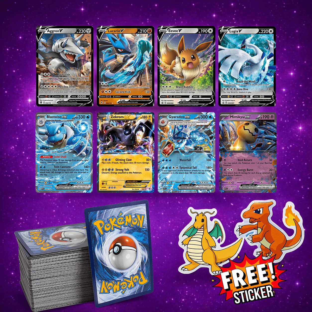 50+ Pokémon Card Bundle | 1 Guaranteed V or EX Card | Holos & Rares Included | +2 Free Pokémon Stickers | Perfect Gift for Kids & Collectors