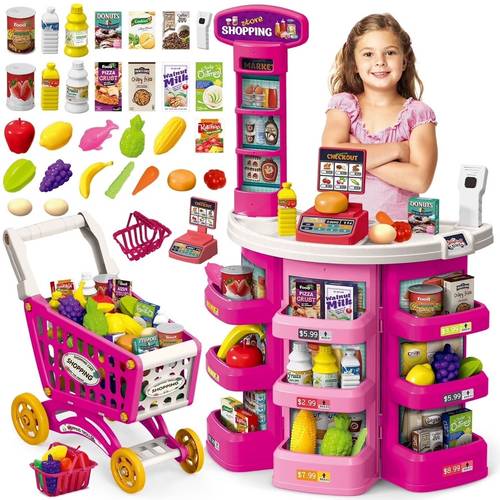 juego de supermercado para niños rosa con carrito de compras y registradora, edades 3+