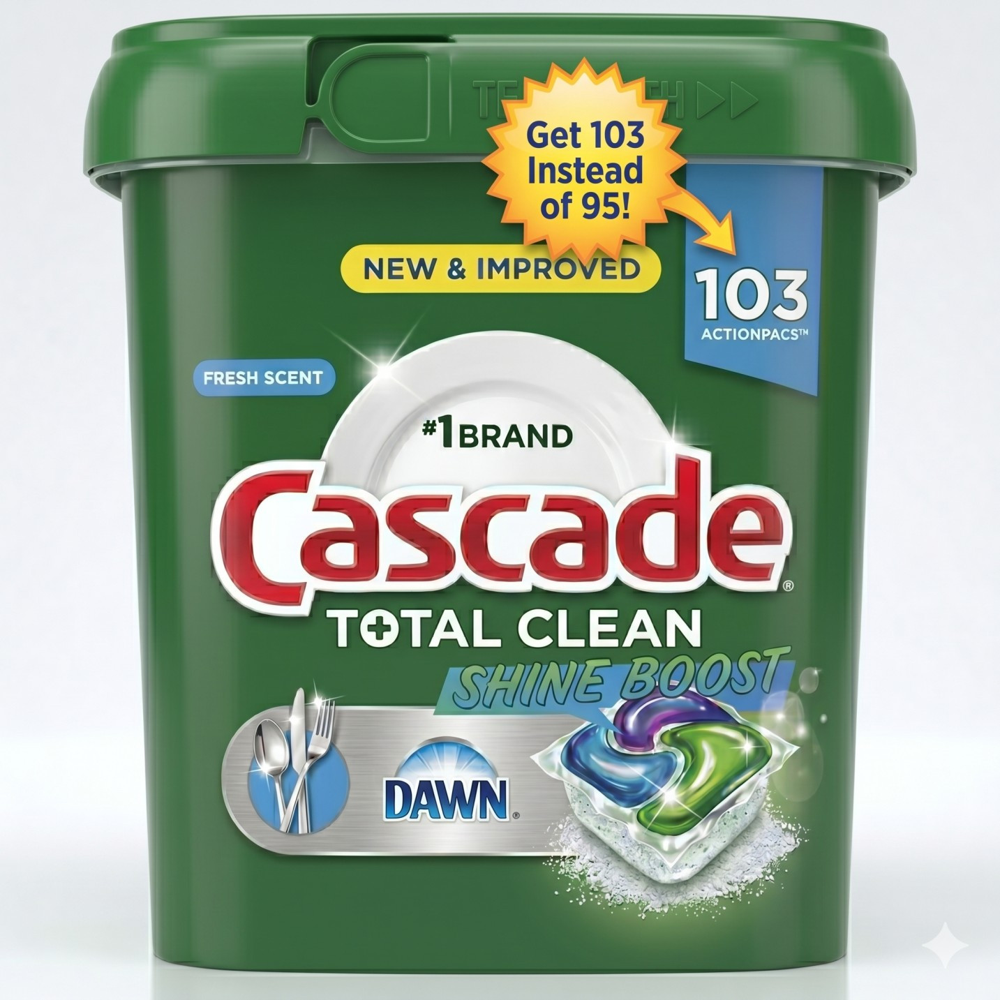 103 ct. Dishwasher Detergent, Fresh Scent Cascade Total Clean Shine Boost ActionPacs