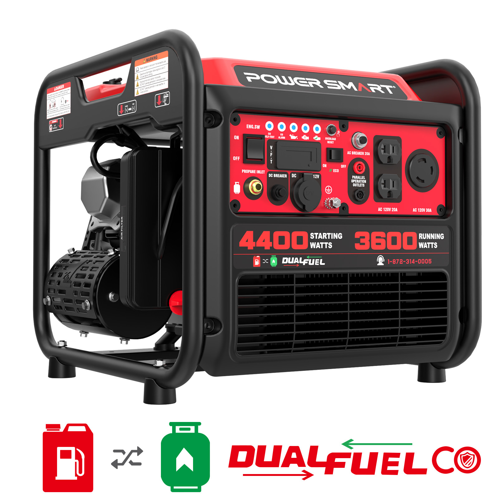 4400w Portable Generator, 4-stroke Ohv Single Cylinder Engine, 223cc Gas & Lpg Powered, 3.6kw Running Watts, 120v 60hz, Ideal For Home Backup, Camping & （w/ Lpg Pipe）