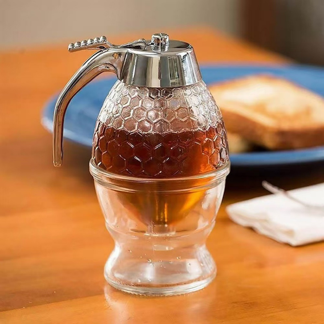 Honeycomb Shaped Honey Holder And Sirup Dispenser - no Drip Honey Dispenser with Stand - Bee Decor Honey Storage Jar, Honey Dispenser For Honey,