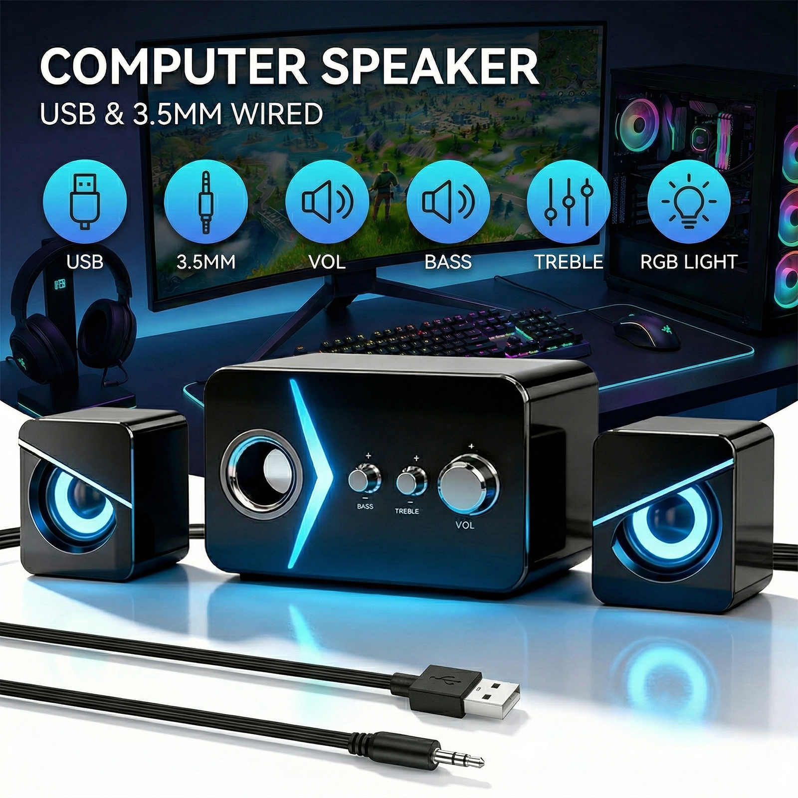 TEMU Upgrade Wired Usb Desktop Audio, 2.1 Wired Computer Speakers With Subwoofer & Dual Satellite, Usb Powered, /treble Knob, 3.5mm Aux, 5w+3w×2