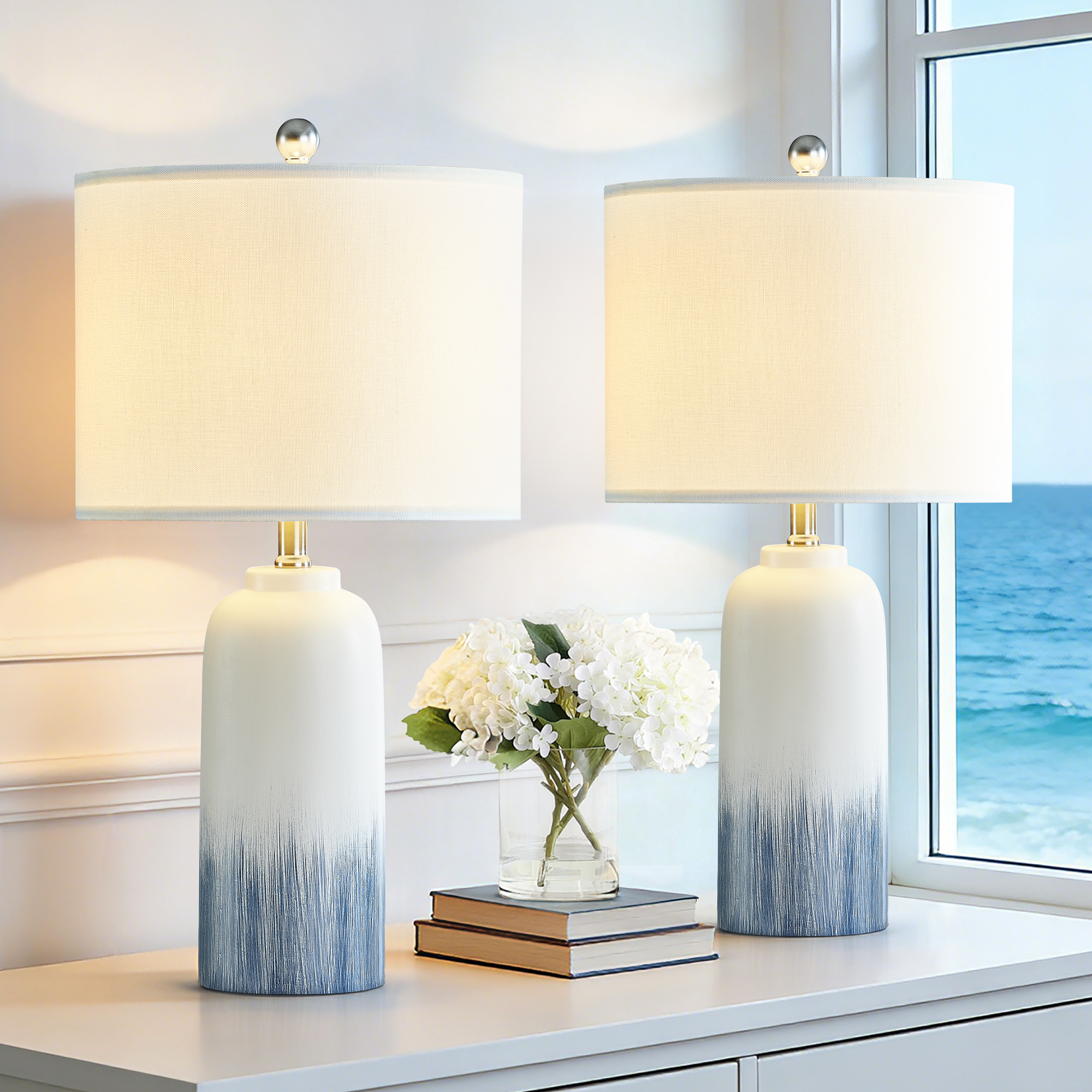 24" Modern Coastal Blue Ceramic Table Lamp Set of 2