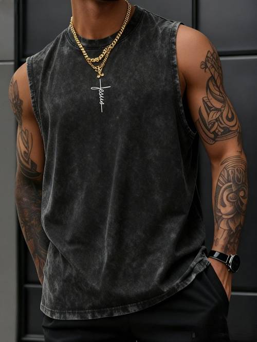 100 cotton mens vintage wash tank top casual sleeveless shirt with white cross design ideal for summer outdoor activities gym workouts dates and more stylish comfortable essential for for man