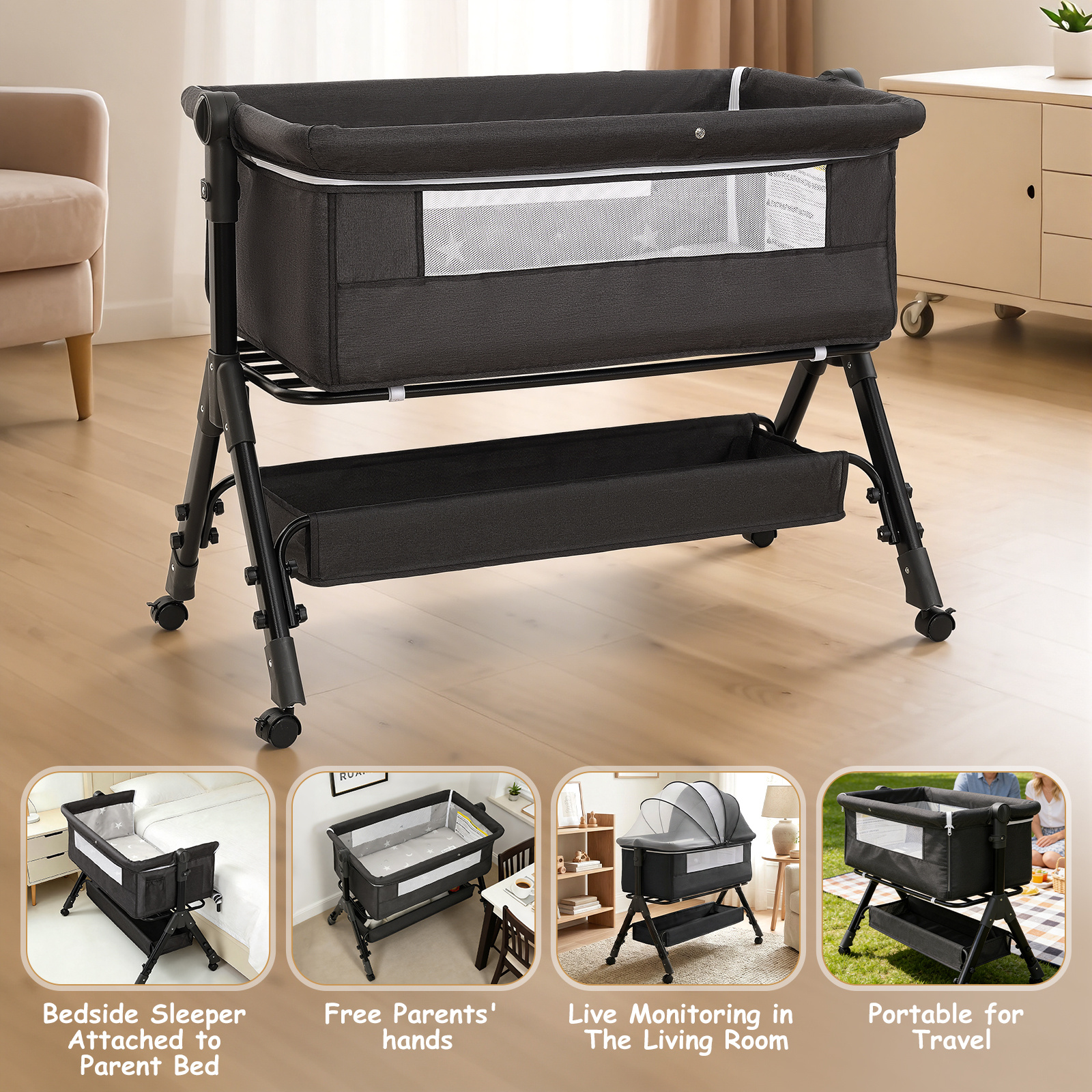 Crib-side bedside bassinet