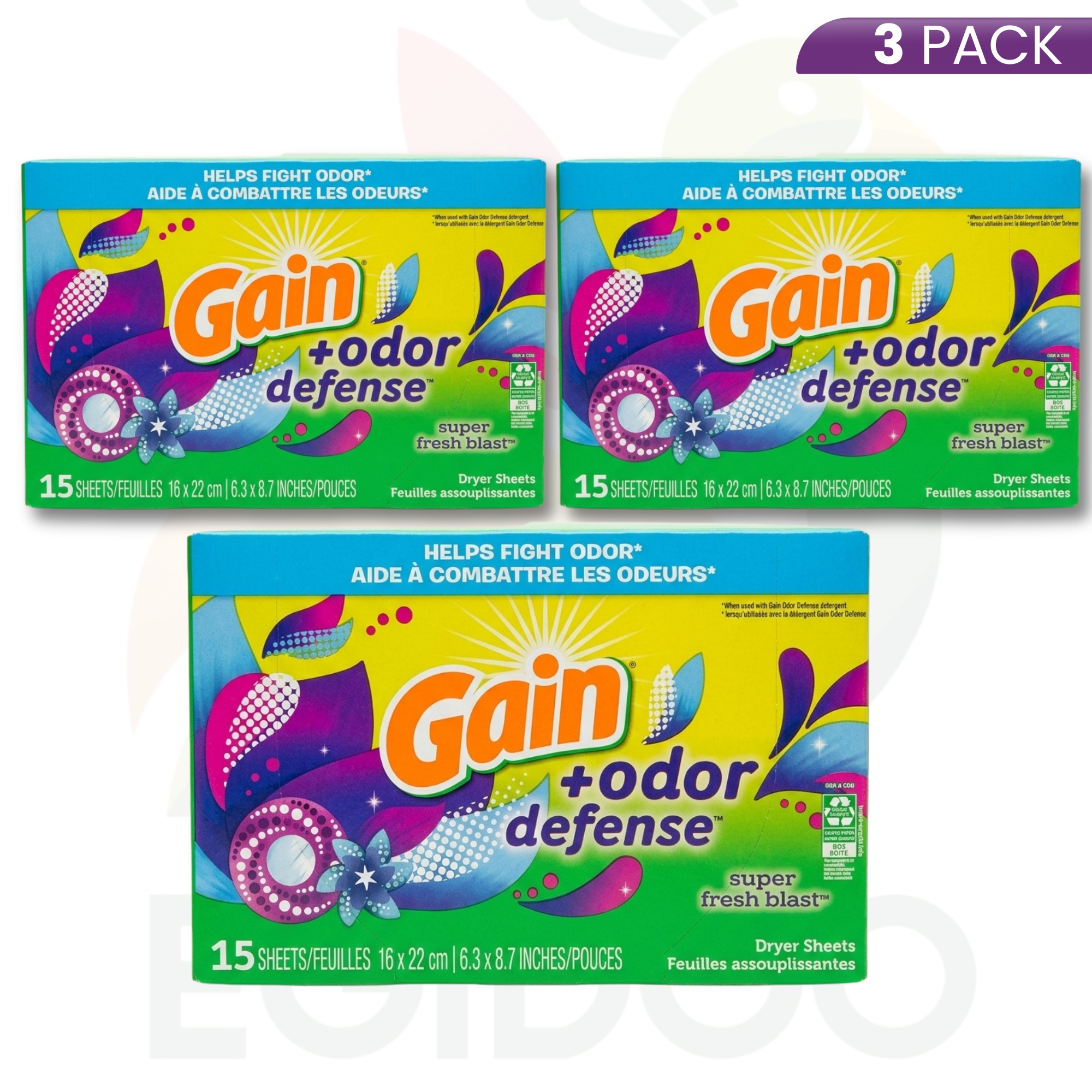 TEMU Gain + Odor Defense Dryer Sheets 3 Pack (15 Count) - Blast Scent & Long-lasting Fabric Softener Sheets