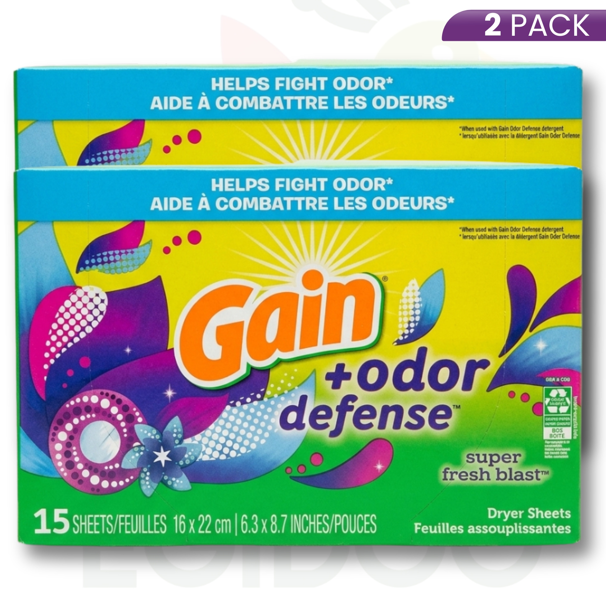 TEMU Gain + Odor Defense Dryer Sheets 2 Pack (15 Count) - Blast Scent & Long-lasting Fabric Softener Sheets