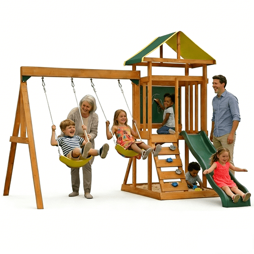 wooden swing set with slide 2 swings climbing ladder sandbox chalkboard outdoor backyard playset