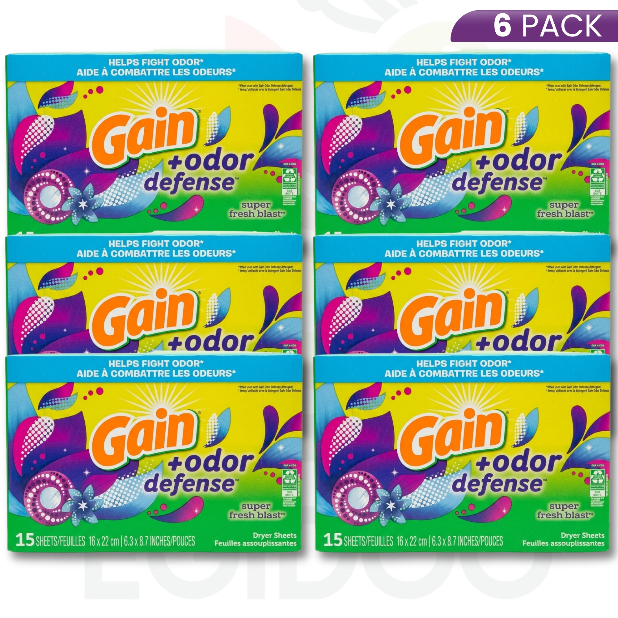 TEMU Gain + Odor Defense Dryer Sheets 6 Pack (15 Count) - Blast Scent & Long-lasting Fabric Softener Sheets