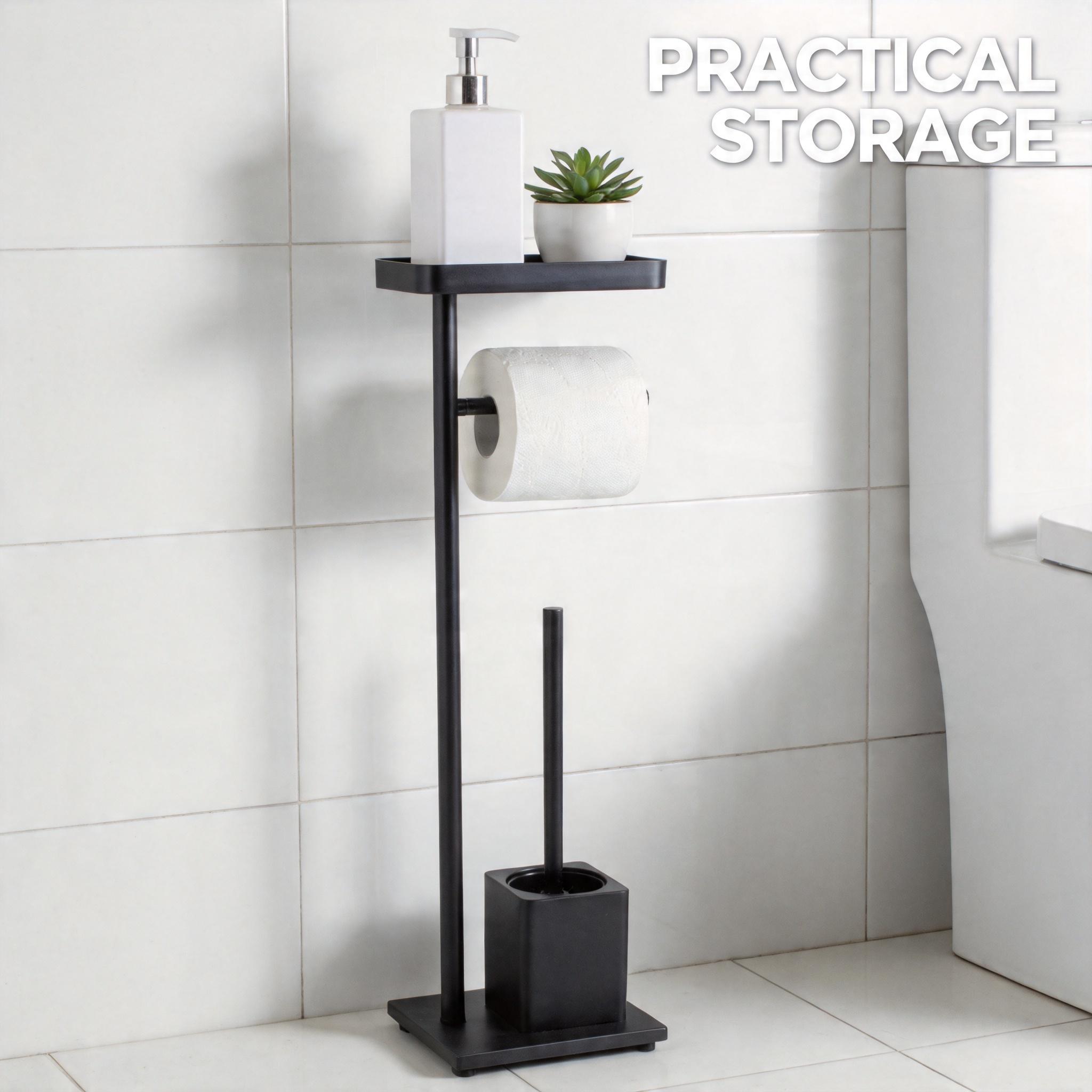 3 in 1 free standing toilet paper holder with top storage shelf and toilet brush set modern iron toilet roll stand with weighted base for bathroom space saving matte black