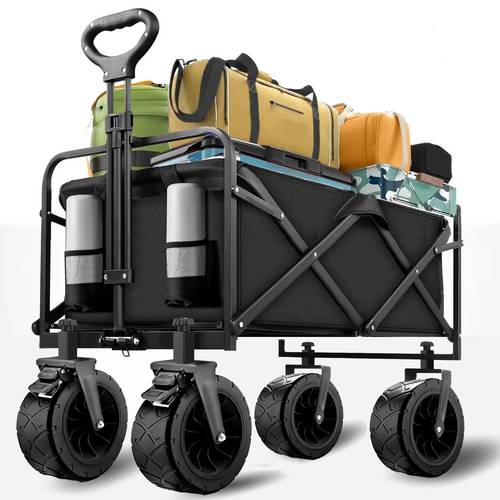 heavy duty foldable 7 5 inch sand proof all terrain wheels 330lbs load capacity 150l capacity with side pockets cup holders adjustable handle and brake foldable suitable for beach and daily shopping