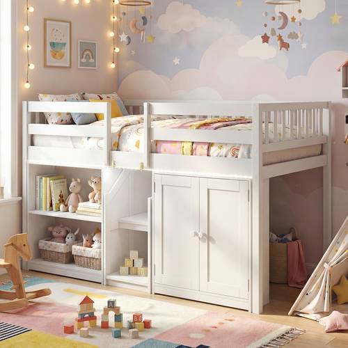 low loft bed with led light stairs modern wood kids twin bed with under bed space storage cabinet and shelves space saving twin loft bed for spring needed